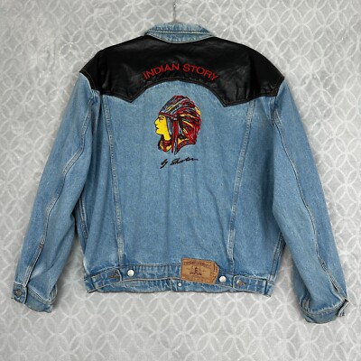 Vtg 90s Shooter Denim Jean Jacket Large Embroidered Native American Indian Chief