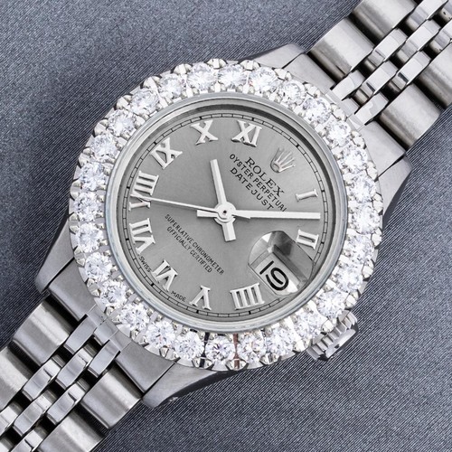 Rolex Lady DateJust Slate Stainless Steel Diamond Bezel Grey Roman Watch 2.00 CT