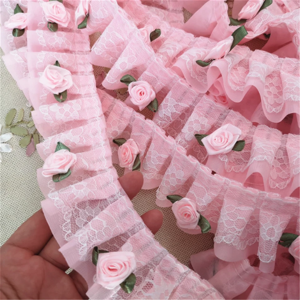 Cinta plisada de gasa con volantes de flores de rosa rosa de 100 cm artesanías de 5 cm de ancho Foto 4 de 4