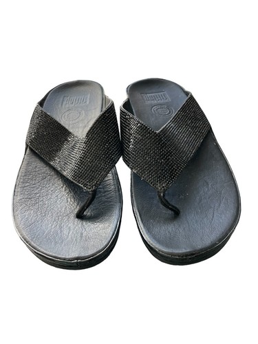 Fitflop size 7 Black lulu flip flop sandals patent black glitz beaded | eBay