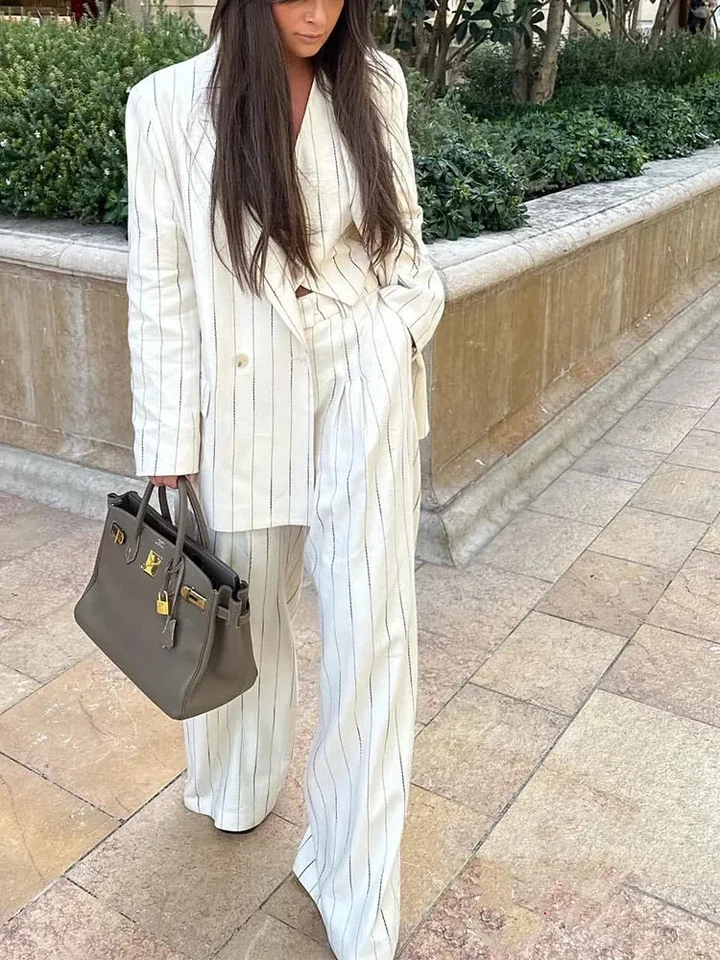 White Striped Women Suit Oversize 3 Piece Leisure Office Party Work Wear Outfits - Image 2 of 4