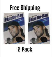 (2 Pack) Smooth & Thick Deluxe Du-Rag Wave Cap Headwrap - Black -