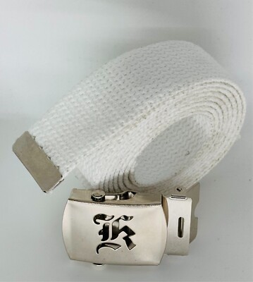 Canvas White Web Military Belt Chrome Buckle Old English A-Z 60