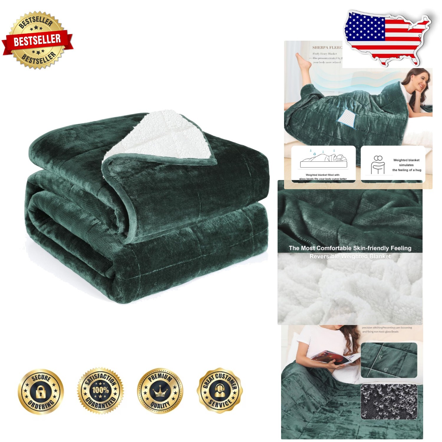 Sleek 48x72 Twin Weighted Blanket with Green Sherpa Fleece All-Season Comfort  -image