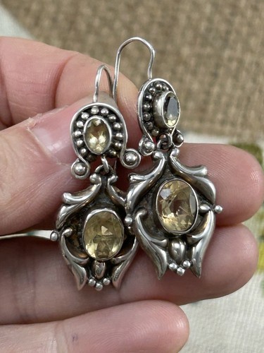 VINTAGE pair 925 silver and CITRINE decorative drop earrings - Picture 7 of 11