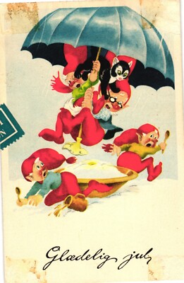 Comic Cat Elves Santa Landing on Soup Bowl c1956 Postcard