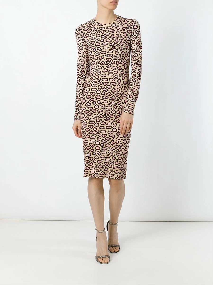 GIVENCHY Long Sleeve Leopard Print Jersey Dress Pink Tan Size 36