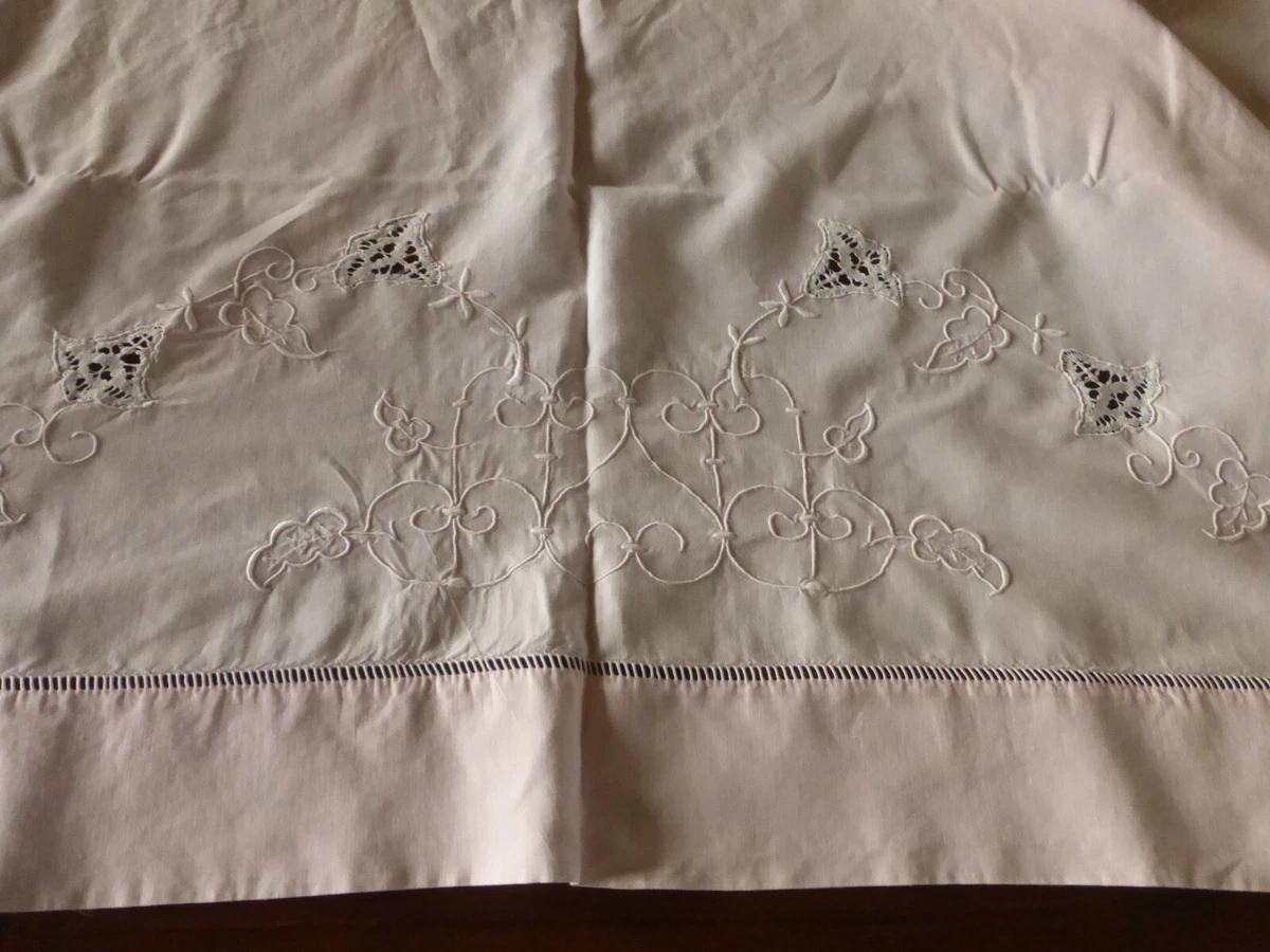 drap ancien de mariage en lin brodé main - Drap de lit - 360 cm - 230 cm