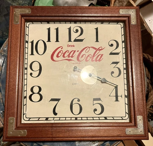 Vintage Coca-Cola Quartz Wooden Frame Clock Bubble Glass 13” Square Works!