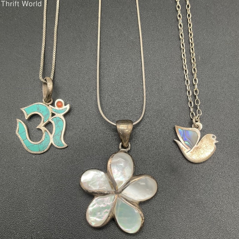 Sterling Silver 925 & 900 Jewelry Lot 3 Necklaces Turquoise Om MOP Flower 20.2g