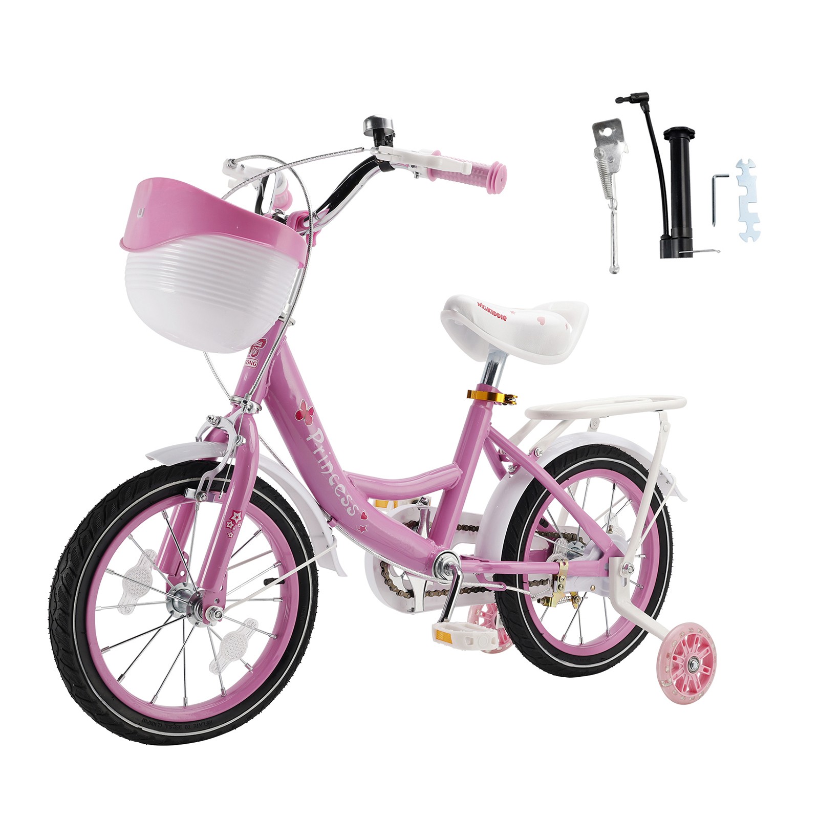 18" Children Princess Bicycle Girls Bike with Training Wheels Basket Pink E4