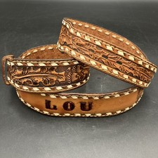 Vtg Tony Lama LOU Brown Tooled Acorn Oak Leaf Leather Western Name Belt 44 USA