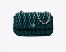 Image of NWT Tory Burch Kira Mini Ruched Leather Flap Bag TEAL NIGHT Blue 100% AUTHENTIC