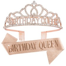 CAVETEE Rose Gold Birthday Crowns Sash - Queen Tiara 2 Piece Set,