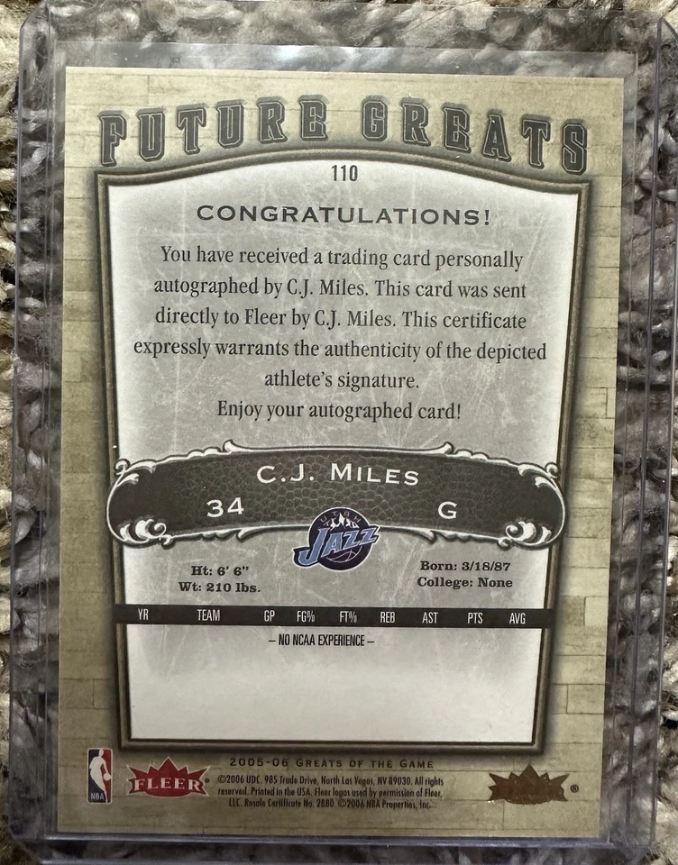2005-06 Fleer Greats of the Game CJ Miles Rookie Auto #12/25 Utah Jazz - Image 3 of 3