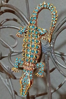 3'' Teal Bling Crocodile Rhinestone Brooch Pin