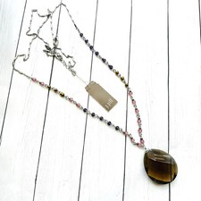 NEW NWT J. Jill Purple Beaded Silver Necklace Smokey Faceted Glass Pendant 39