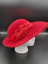 Red Wide Brim Felt Hat w Veil Netting Satin Rosette Church Derby Dress USA