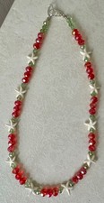 White Starfish Necklace Light Green and Red Glass Beads Coastal Boho Jewelry