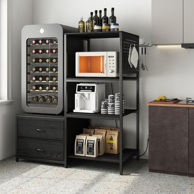 Compact Mini Fridge Stand with Adjustable Shelf & Power Outlet - Black