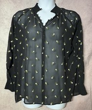 Cabi Embroidered Black White Rose  Sheer Long Sleeve Top Boho Fairy Oversized M