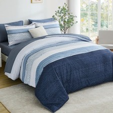 Blue Striped Queen Comforter Set - 7-Piece All Season Bedding Collection
