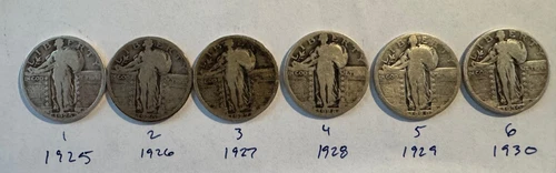 Lot of 6 coins, 90% SILVER, STANDING LIBERTY QUARTERS 1925-1930 vertical!! HOT!!