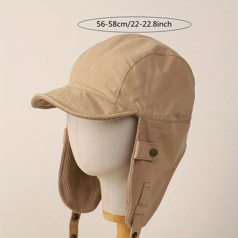 男女通用灯芯绒飞行员帽柔软温暖双面耳瓣帽秋冬休闲 — 第 4/4 张图片