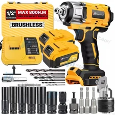 Cordless Impact Wrench 1/2" 800Nm High Torque Brushless Drill Driver 2 Battery