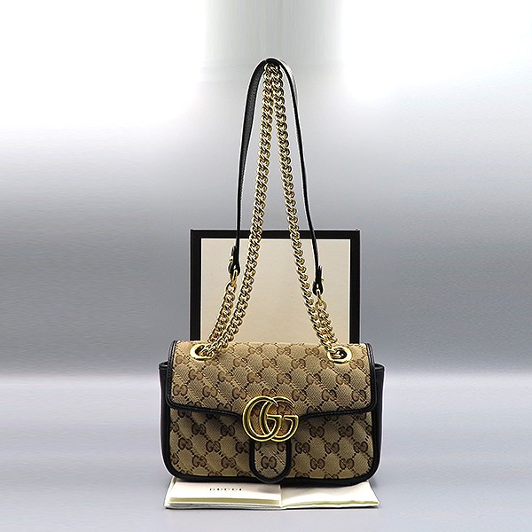 Gucci GG Marmont Jacquard Shoulder Bag with Gold Chain Black Trim