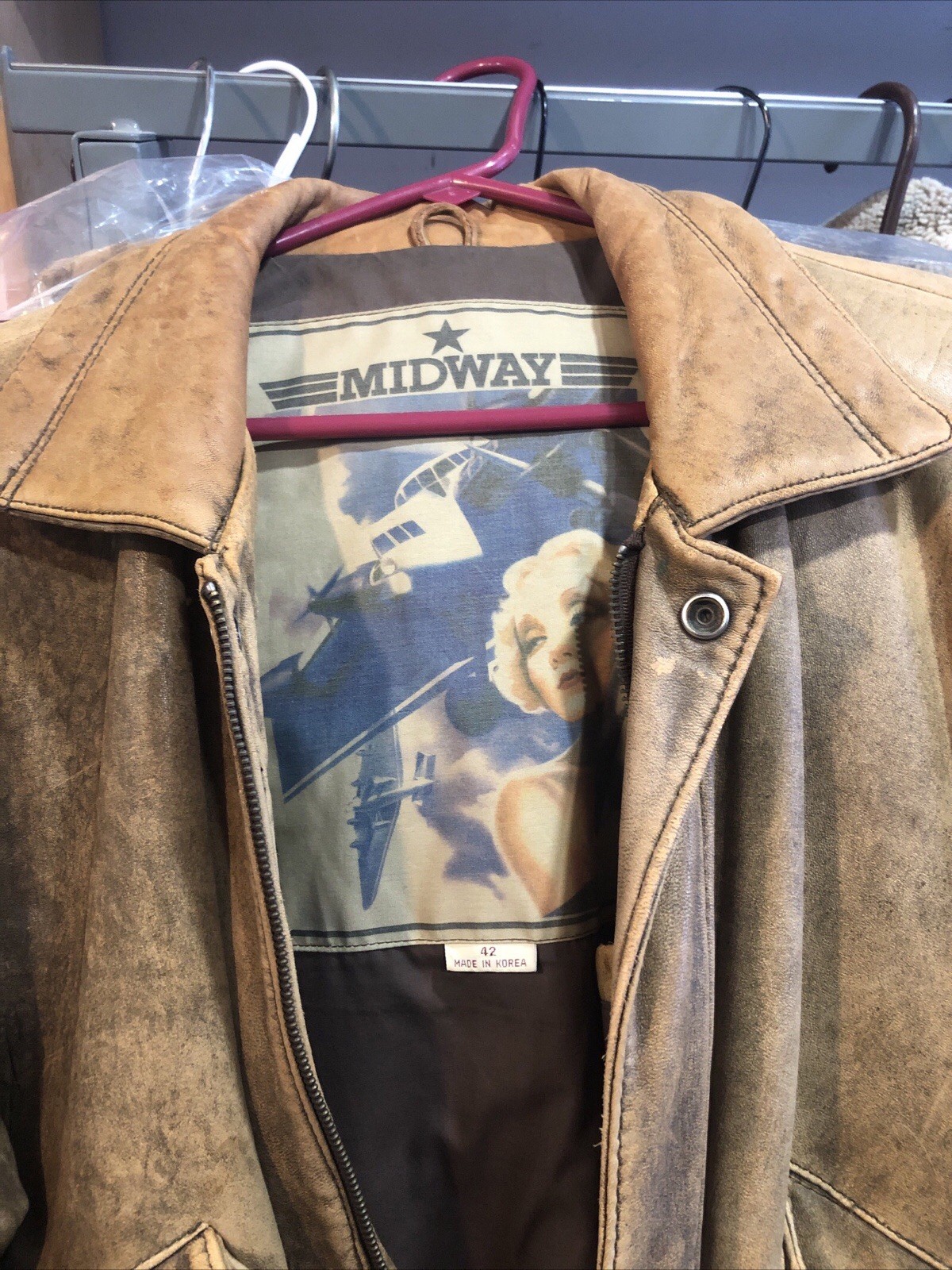 Vintage Midway Leather Mens Size 42 Flight  Bomber Biker Brown Heavy Jacket image 4