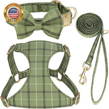 Cute Small Dog Harness Collar and Leash Set with Bowtie, Soft Adjustable Plaid P