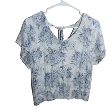 Paper Crane Blouse Women's Large Floral Short Sleeve V-Neck Boxy Top Shirt