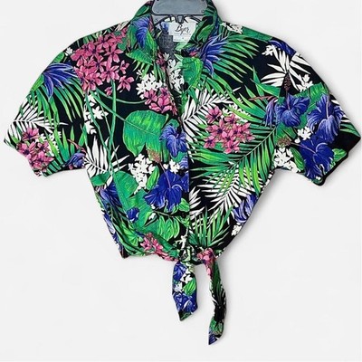 Byer California Vintage Hawaiian Tropical Short Sleeve Cropped Top - Size S