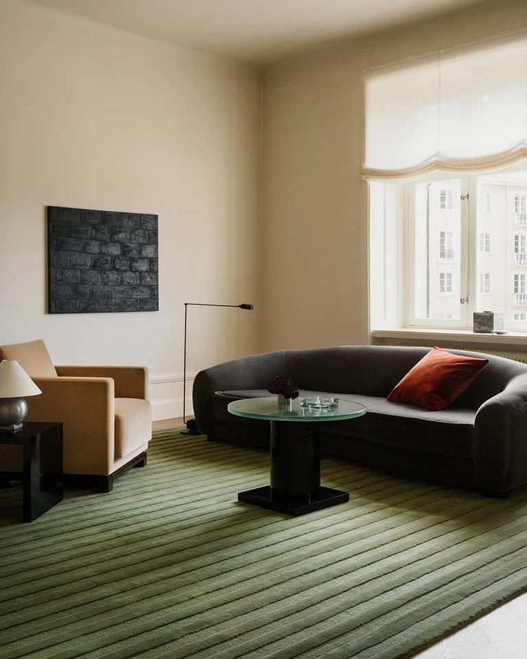 Alfombra de lana acolchada a mano 9x12 pies - Nudos nórdicos Verde pino Rayas Alfombra de lana 8x10 Foto 3 de 4