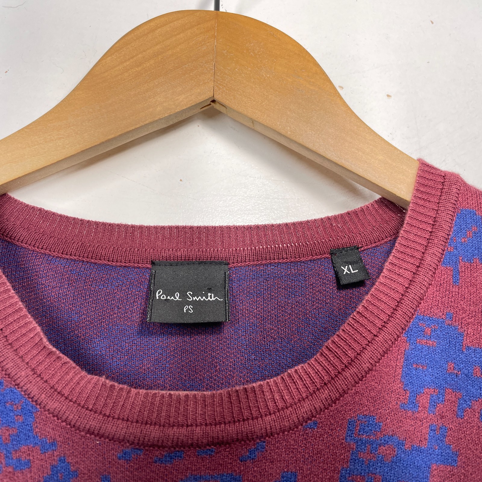 Paul Smith Jumper Mens XL Burgundy Blue Animal Print Pullover Cotton Crew Neck