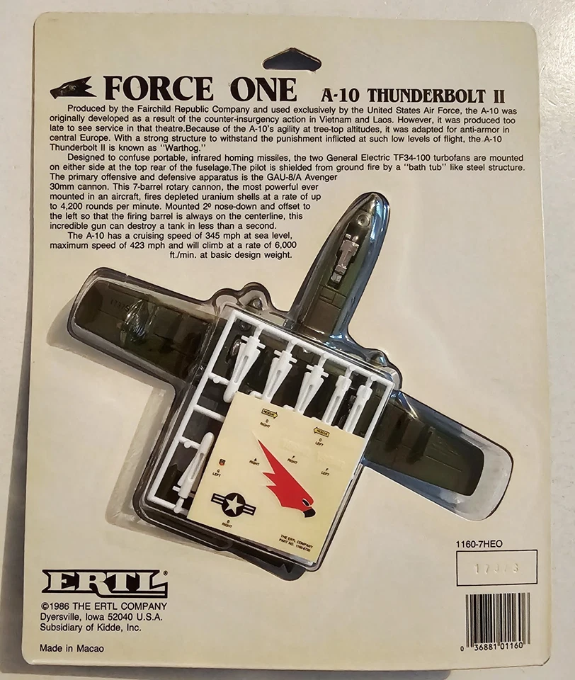 VINTAGE 1986 ERTL FORCE ONE A-10 THUNDERBOLT US AIR FORCE DIE-CAST PLANE #1160 - Image 2 of 2
