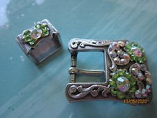 Beautiful SILVER 1998 Belt Buckle BELT LOOP GREEN BLING Western ATTIRE FANCY