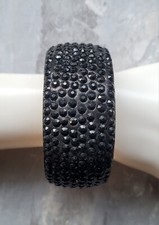 Vintage Rhinestone Embedded Bangle Bracelet Gold Brass Base Black Faceted Stones