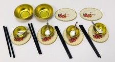 Vintage Litho Tin Pretend Play Miniature Chinese Serving Set w/ Chopsticks