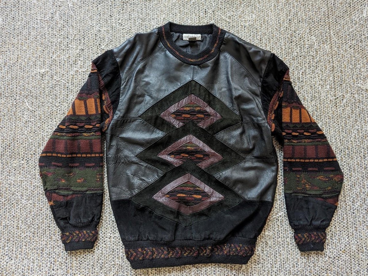 vintage 1990s hiphop BACHRACH sweater L leather ACRYLIC coogi
