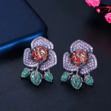 Black Gold Plated Multicolor Cubic Zircon Flower Stud Earrings for Women Brides