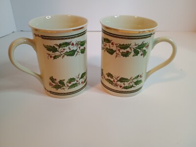 KONITZ Coffee Mugs Cups Lot Of 2 Germany Christmas Holly Gold Trim Porcelain