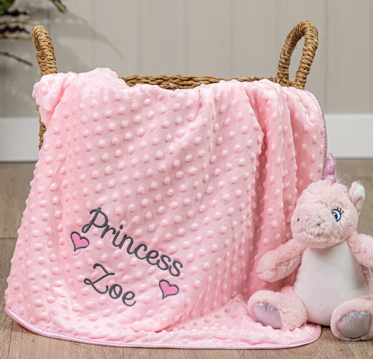 Personalised Hearts Baby Swaddle Wrap, Pink Grey White or Blue, Choice of Font-image