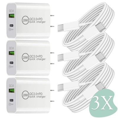 3Pack 20W USB Type-C Fast Wall Charger Sync Cable For iPhone 17Air 16 15 Pro Max
