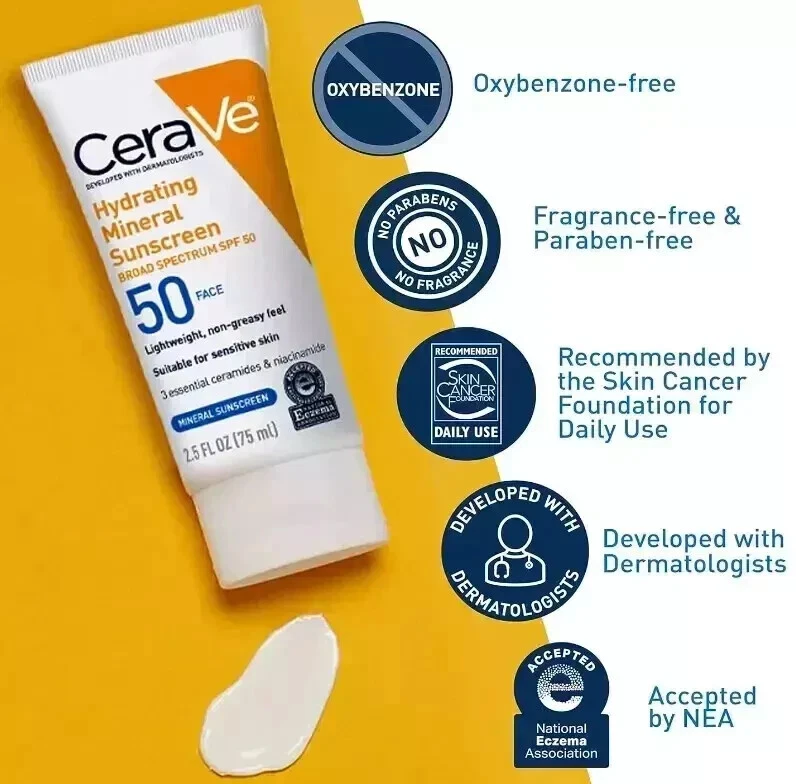 2 pcs CeraVe Hydrating Mineral Sunscreen Face Lotion SPF50 2.5fl oz 75mL - image 3 of 3