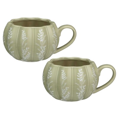 2 Stück Grün Keramik Kürbis Becher mit Blatt Aufkleber Herbst Rund Tee Kaffee Becher Geschenk