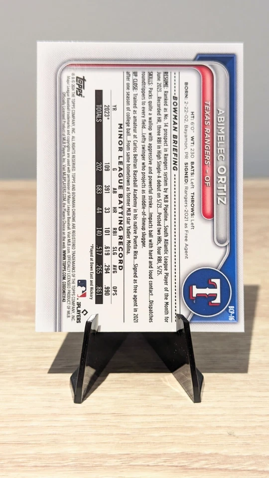 2024 Bowman Baseball Abimelec Ortiz #BCP-16 1st Lunar Glow Refractor Rangers - Image 2 of 2