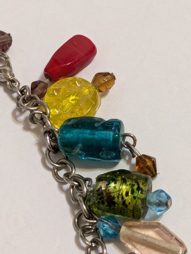 Colorful Glass & Acrylic Bead Silver tone Cable Link Bracelet. FLAW. 8.75". - Picture 9 of 15
