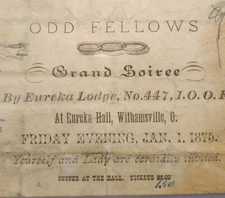 1875 Odd Fellows Grand Soiree Invitation Withamsville Ohio Eureka Lodge No. 447